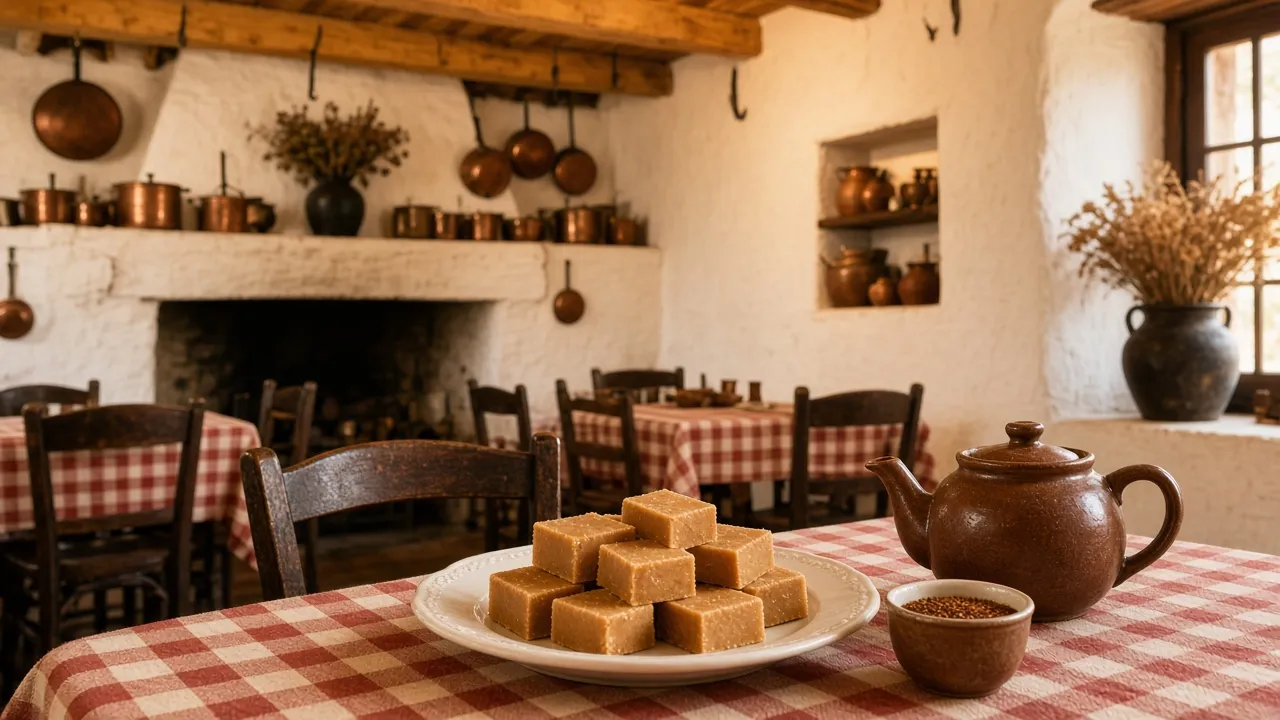 Whitewashed farm-restaurant interior with copper pots above an open hearth, wooden chairs and checked tablecloths, and a plate of fudge squares beside a brown teapot and a bowl of dried rooibos