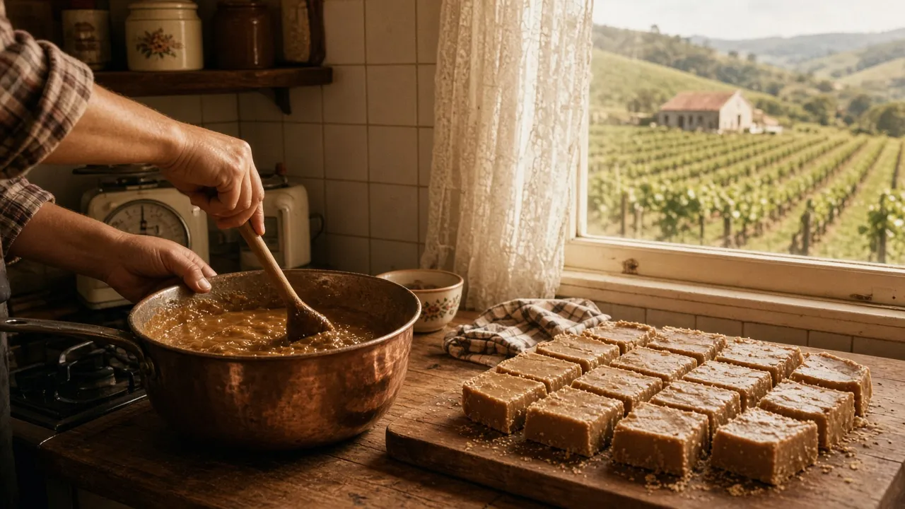 Fudge being stirred with a wooden spoon in a copper pot, with squares of cut fudge on a board beside a window looking out on vineyards