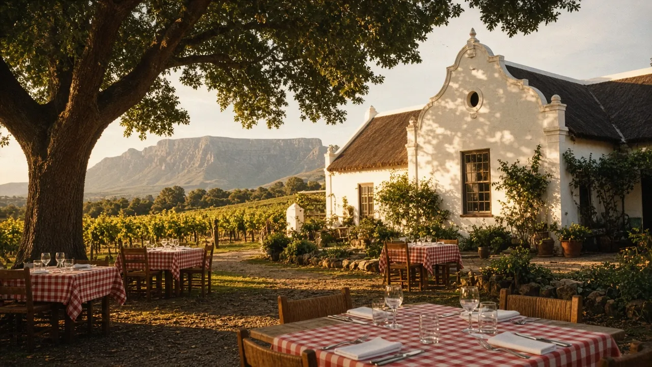 Whitewashed Cape Dutch gabled farmhouse with a thatched roof beside an oak tree, with empty tables laid with red-and-white checked cloths in the courtyard, vineyards and a mountain behind
